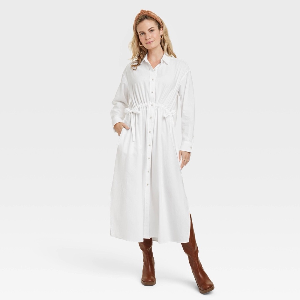 Universal Thread White Button-Front Long Sleeve Midi Dress